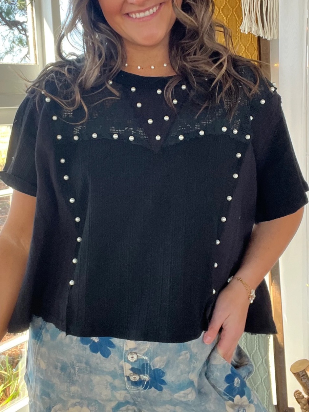 POL pearl studded black lace top